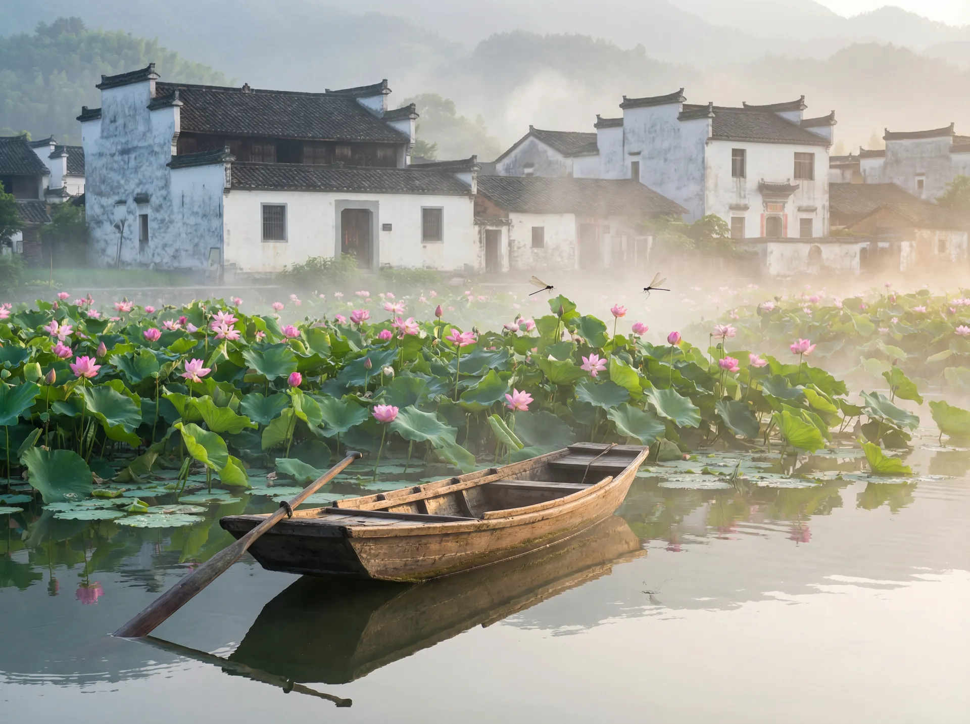 清晨荷塘小舟，粉色荷花盛开，白墙黑瓦的村庄 - 公主恋人 水乡风情